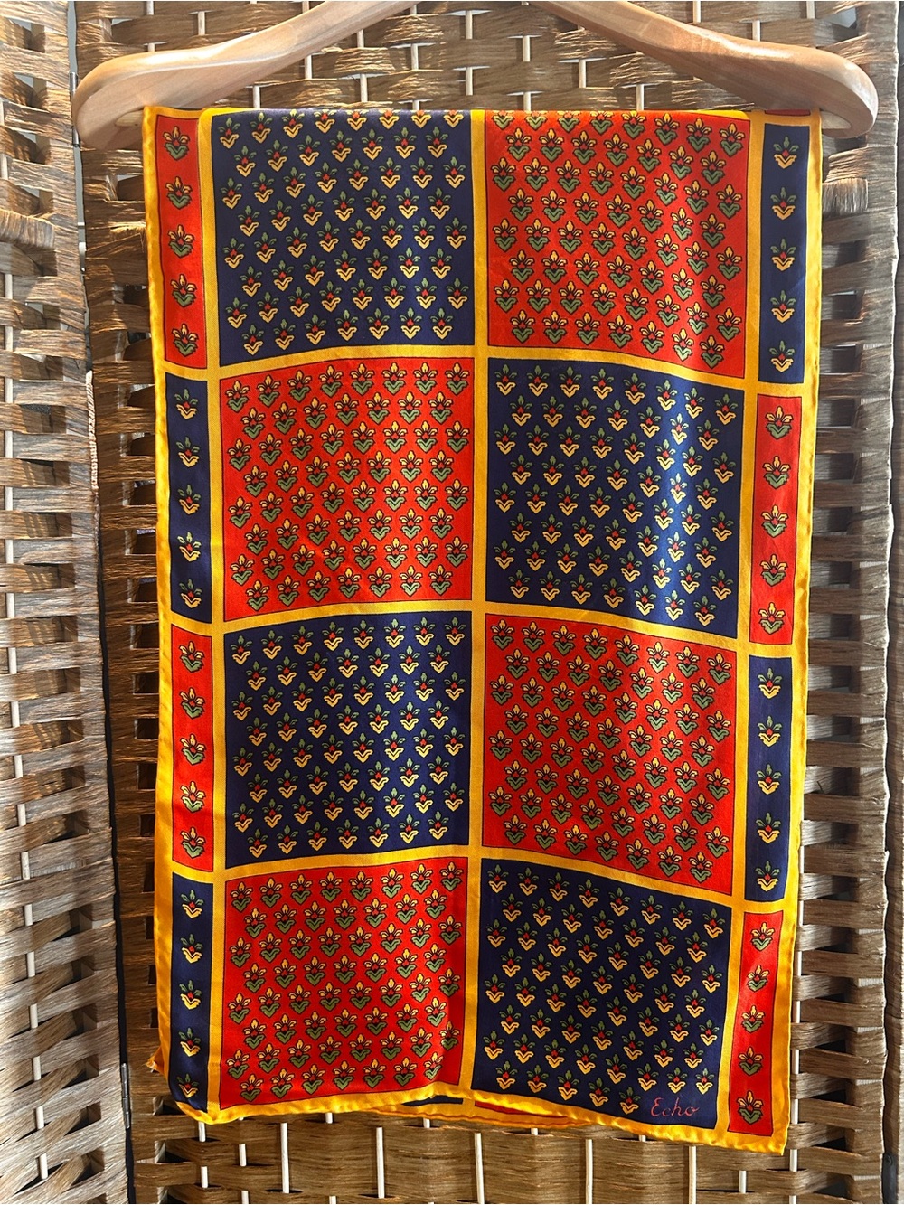Vintage Echo Scarf Mediterranean Floral Rolled Edges Geometric Red Navy Gold